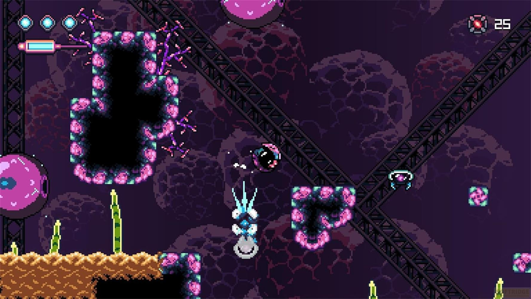 Scena di gioco pixel art. Una creatura fluttua, con piattaforme rosa e sfondo viola.