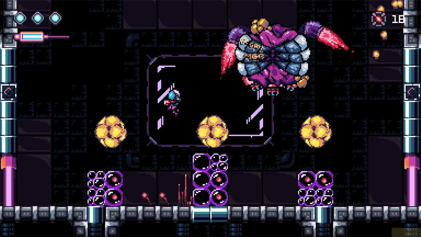 Un combattimento con boss pixelato con un mostro viola e un personaggio giocatore.