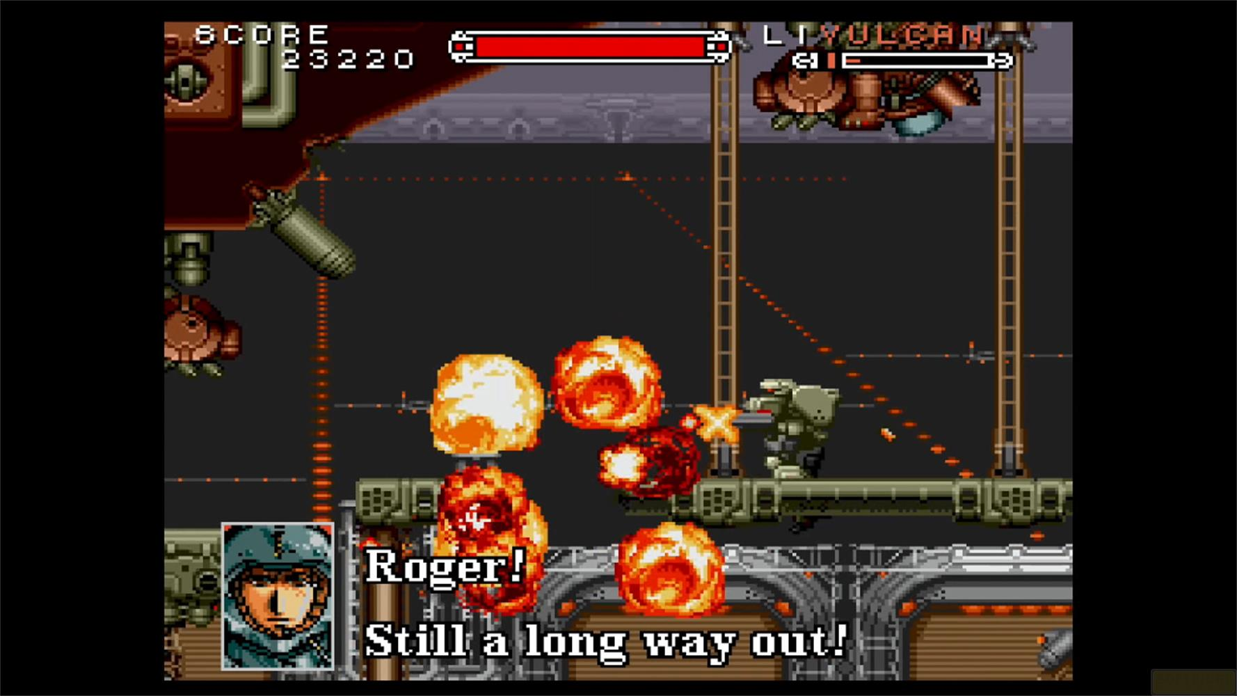Un gioco di battaglia con esplosioni, un robot e un soldato. Roger!