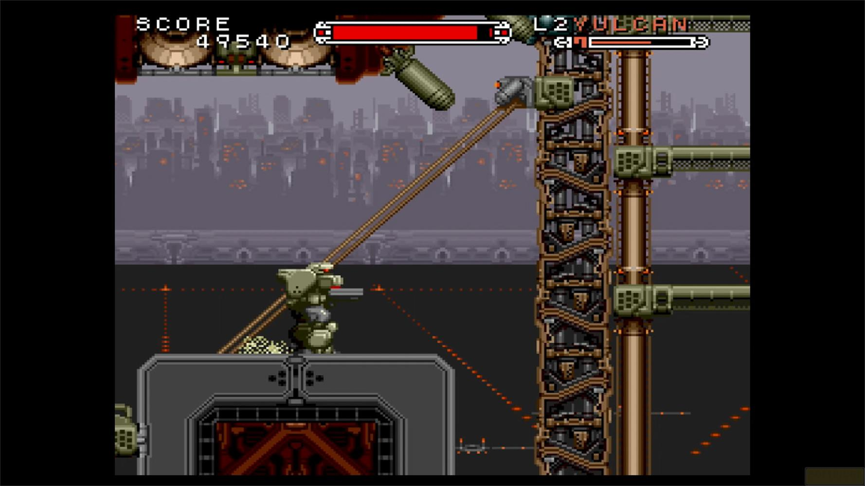 Gioco pixel art: Un mech su piattaforma spara. Sfondo di città.