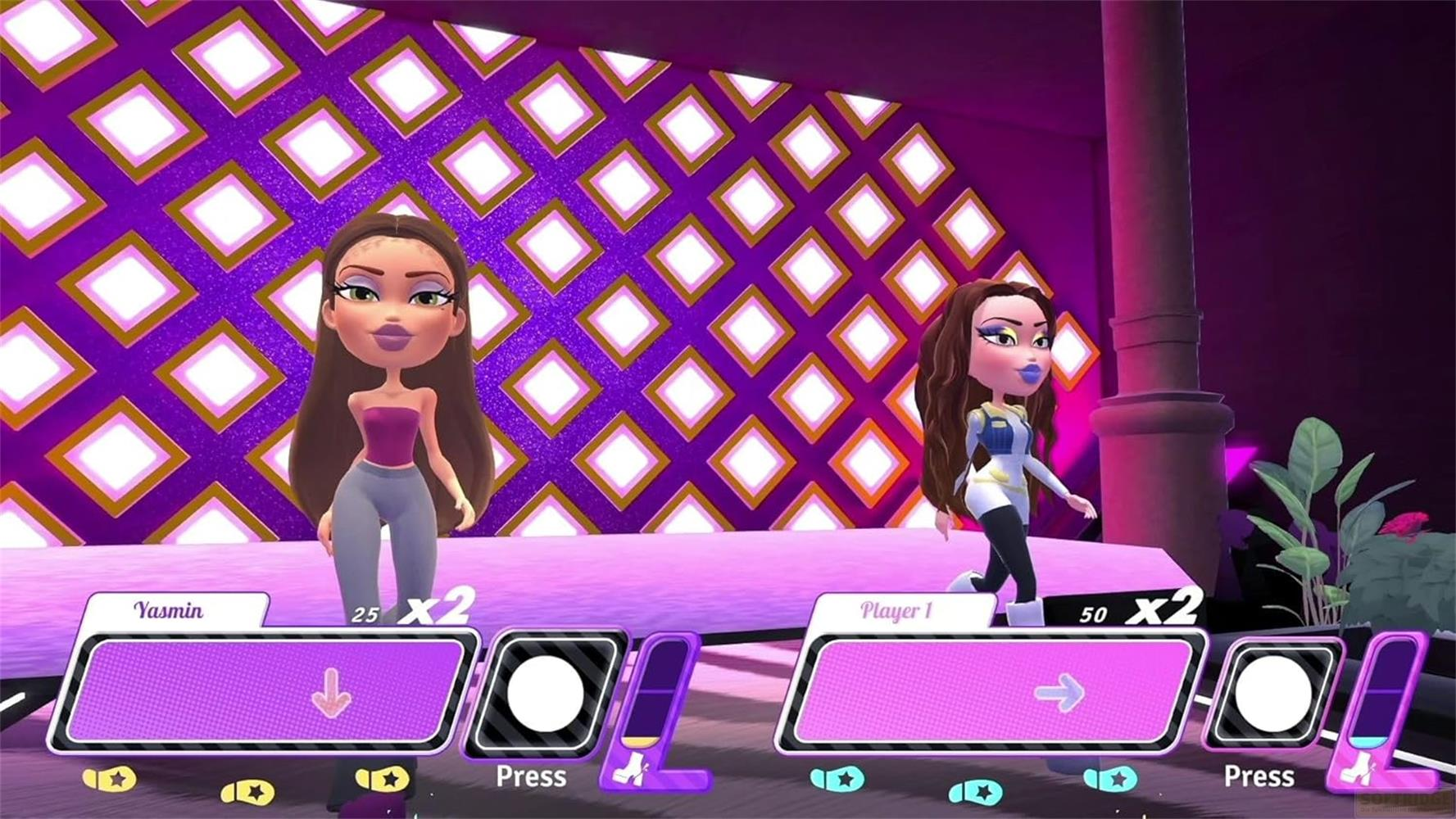 Due bambole Bratz su un palco con motivo a rombi viola. Una indossa un top rosa, l'altra un outfit bianco.