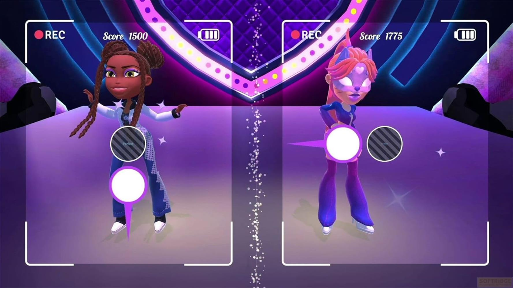 Due personaggi dei cartoni animati ballano su un palco con luci.