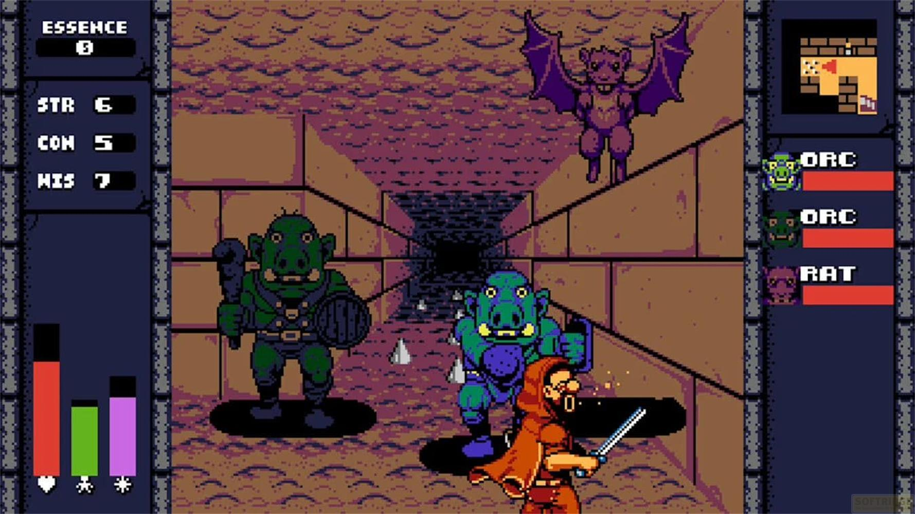 Scena pixel art di dungeon con due orchi, una figura incappucciata e un mostro pipistrello.