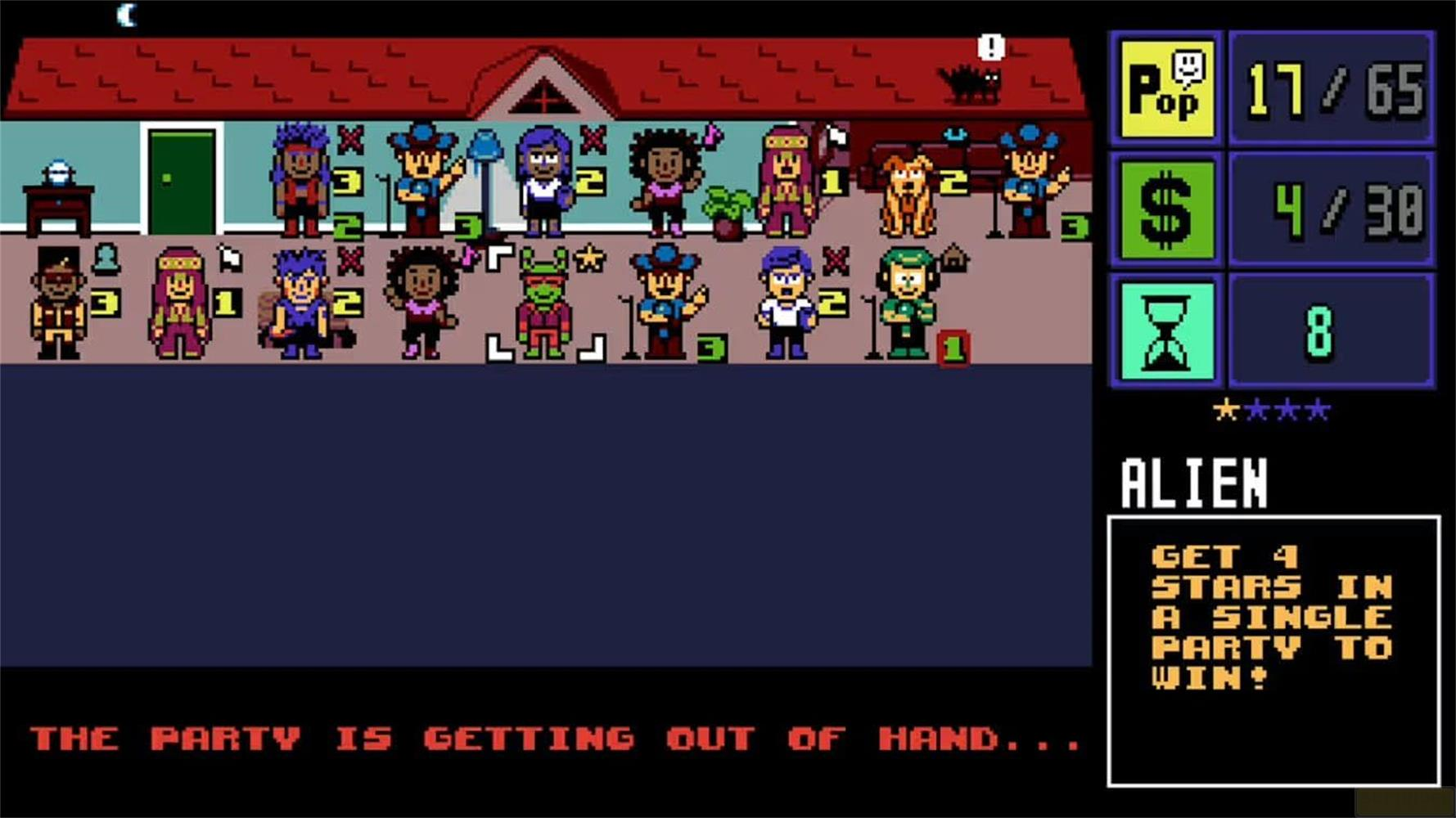 Gioco di festa pixel con personaggi, statistiche e casella di testo.