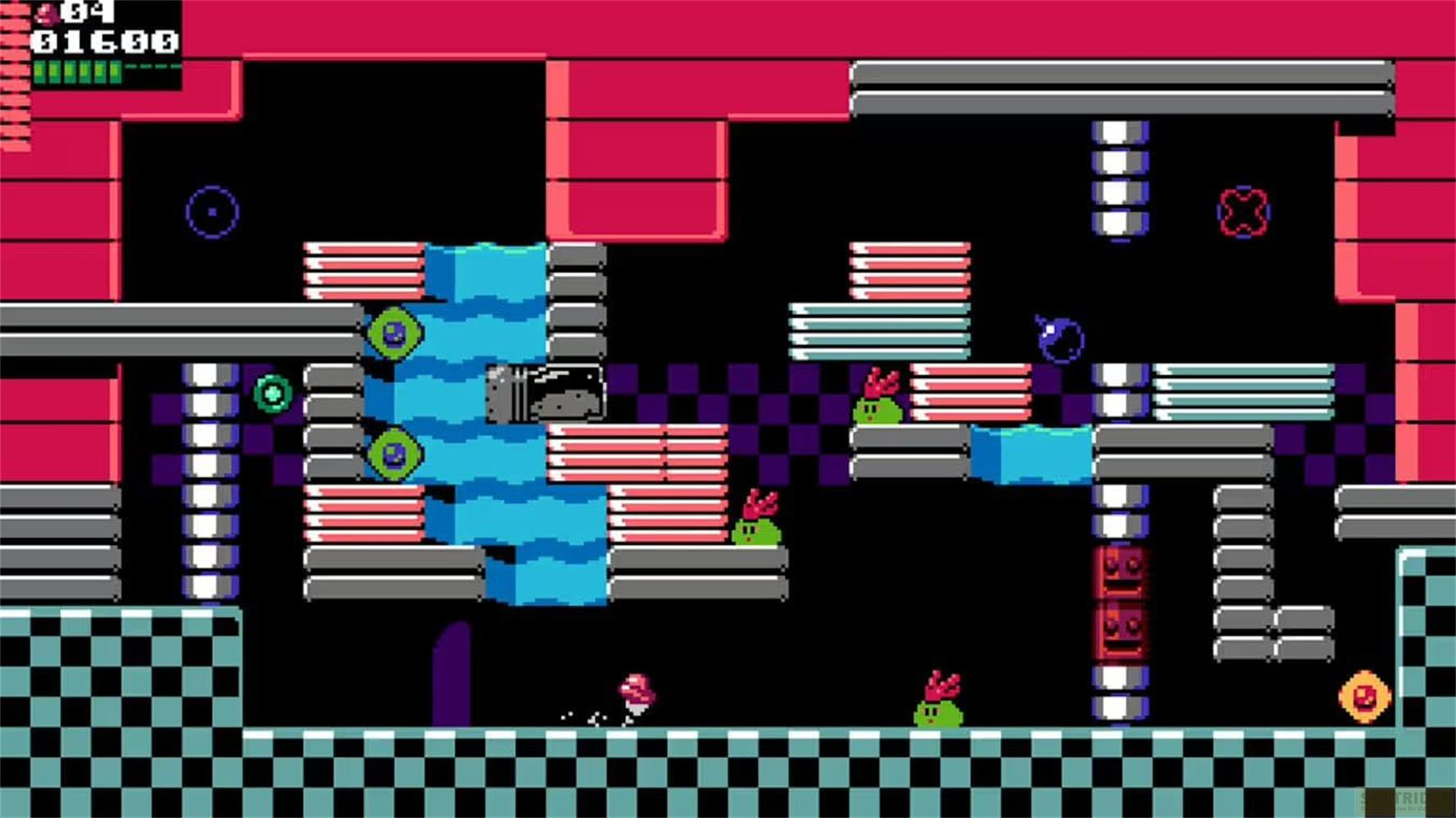 Scena di gioco in pixel art con creature verdi, acqua, bombe e piattaforme.