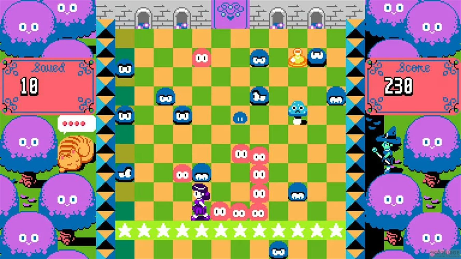 Gioco pixel con creature viola, gatto, personaggi e motivo a scacchiera.