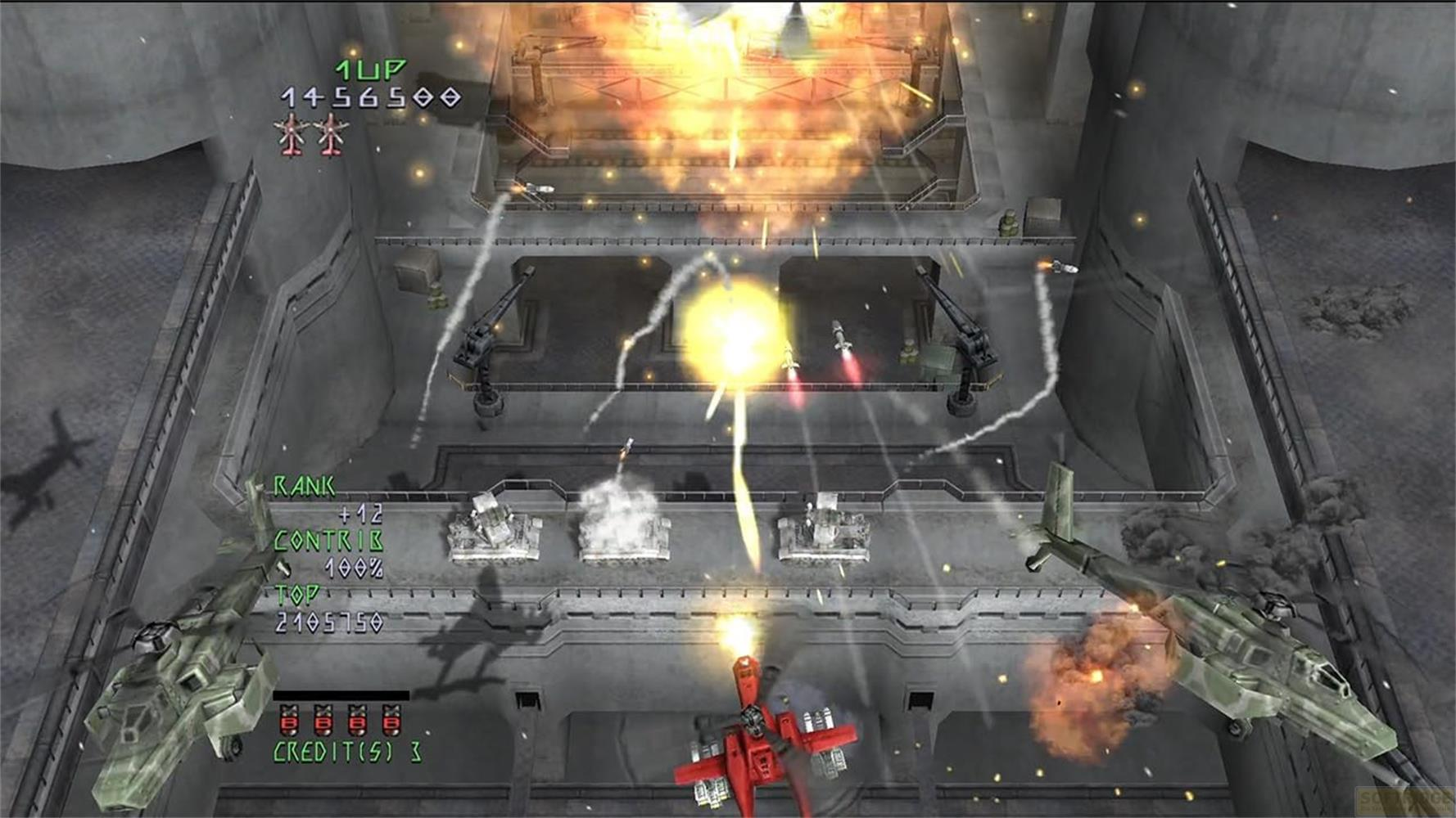 Des hélicoptères de combat tirent des missiles dans un décor industriel avec explosions.