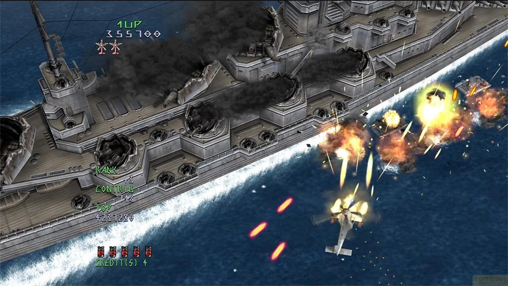 Un hélicoptère de combat attaque un navire de guerre en feu en mer.