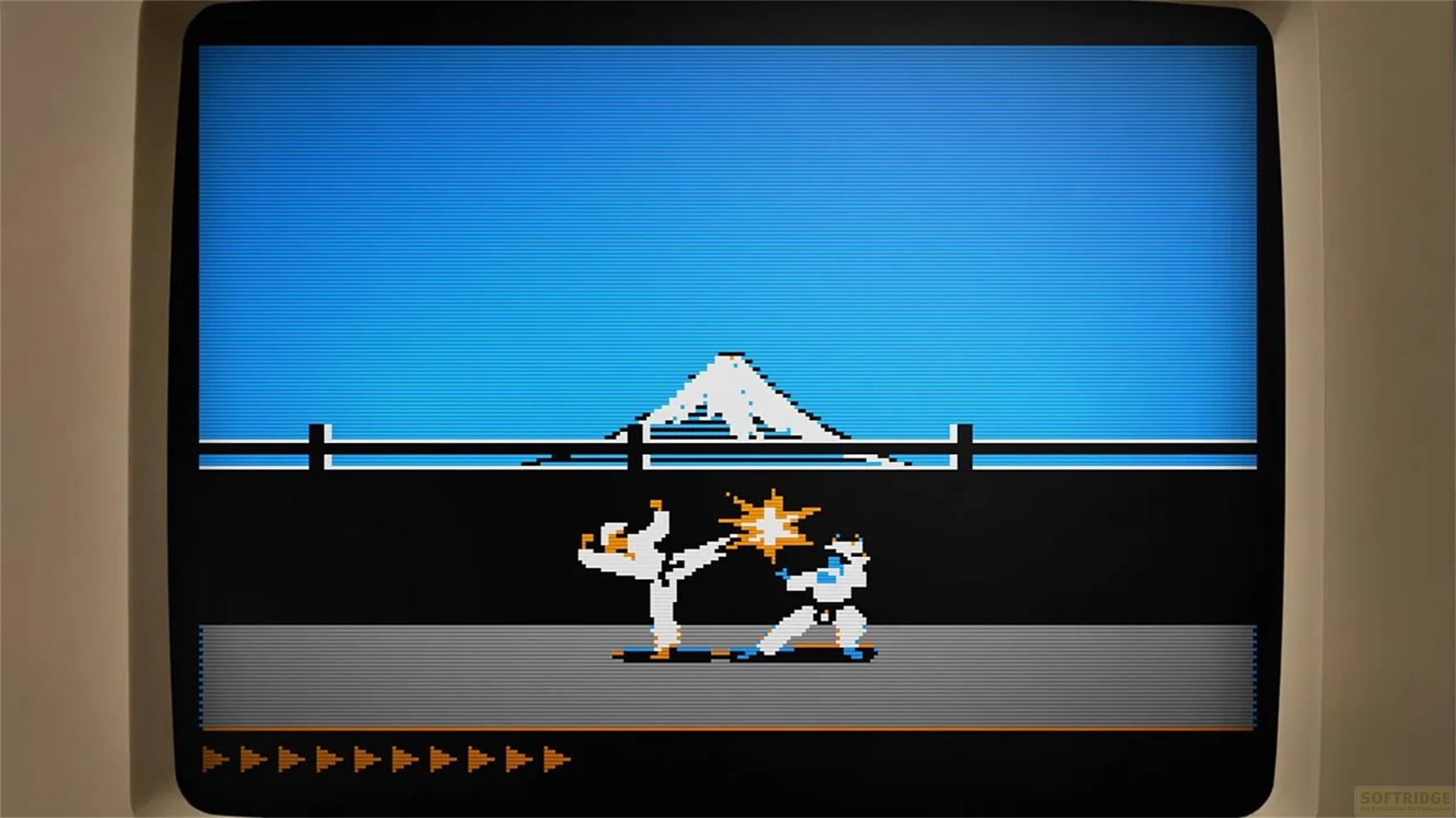 Due combattenti pixelati combattono davanti a una montagna e cielo blu.