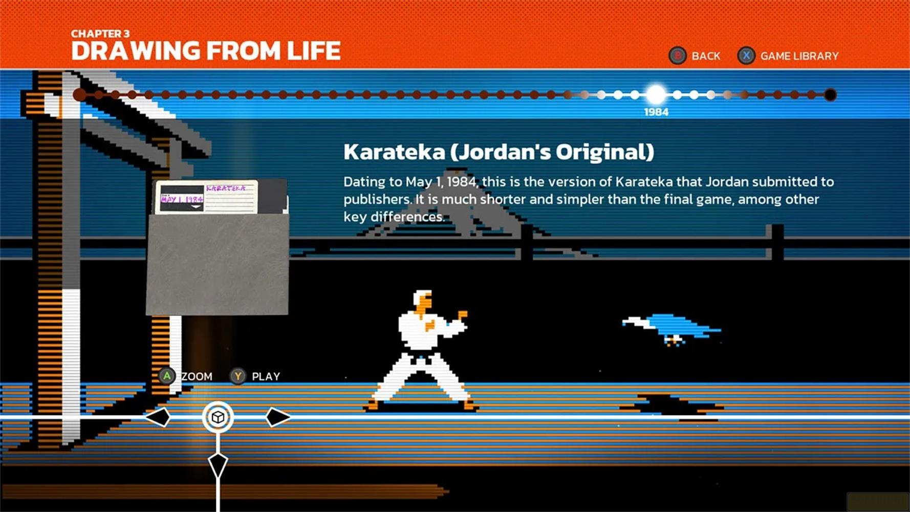 Scena pixel art: giocatore di Karateka che combatte, uccello che vola, floppy.