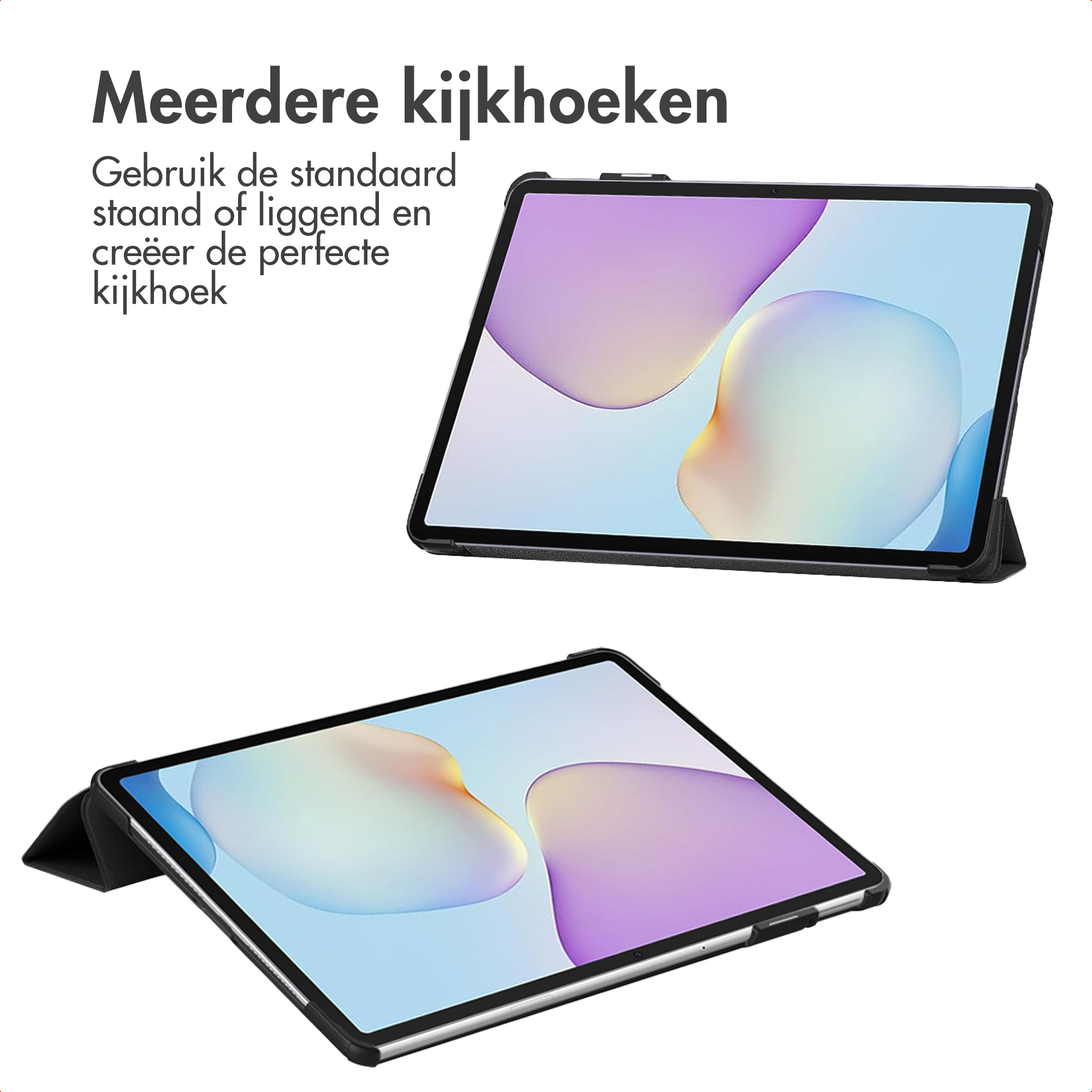 Twee tablets in hoesjes, één rechtop, één liggend.