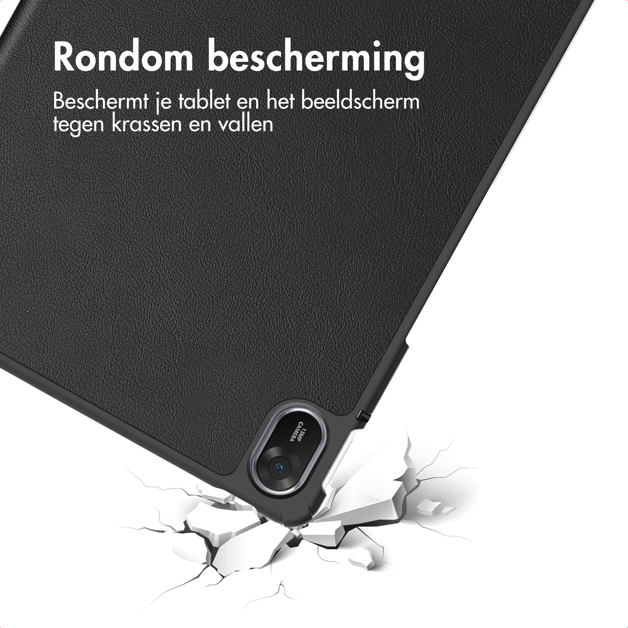 Zwarte hoes met gebroken grond, benadrukt tabletbescherming.