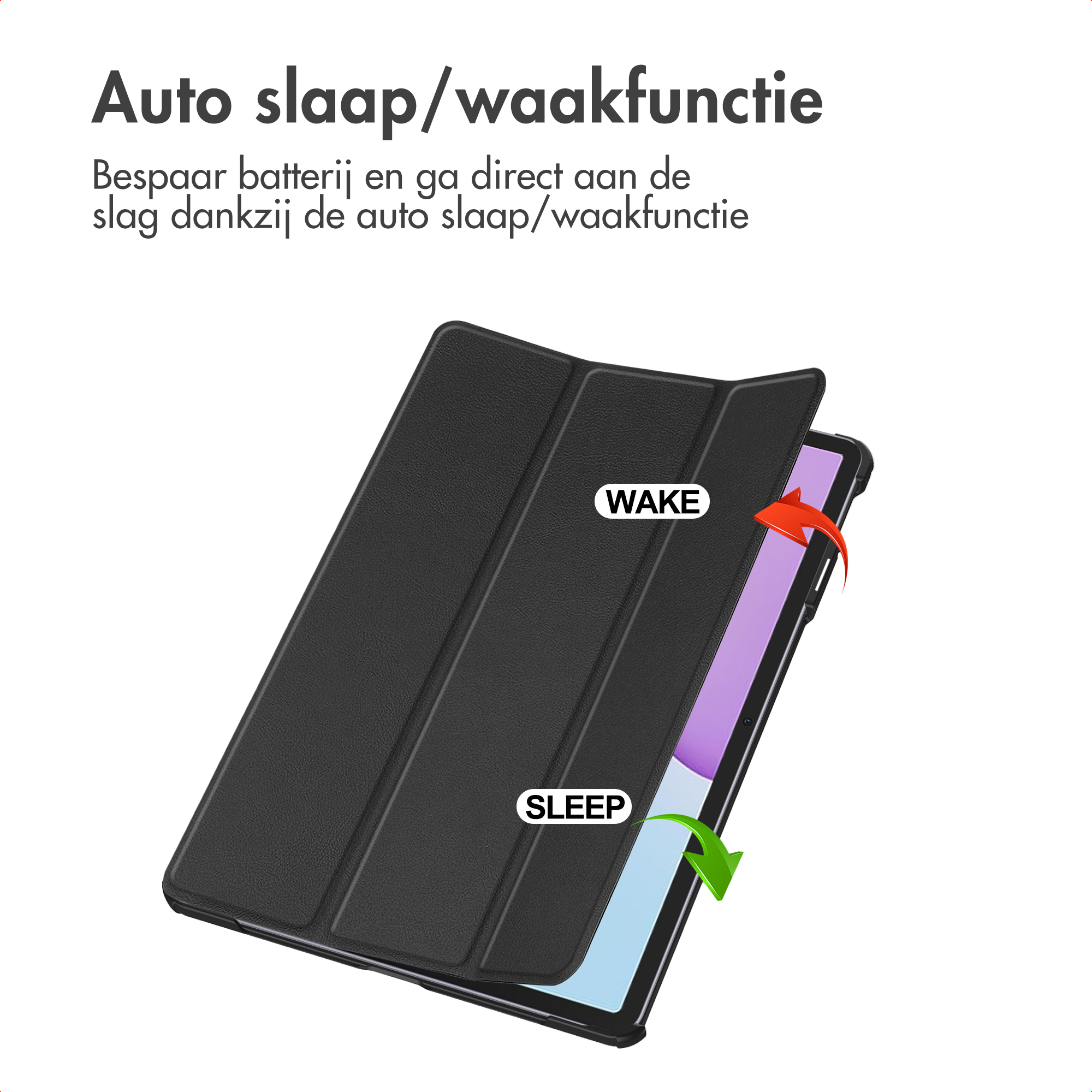 Zwarte tablethoes met tekst en pijlen die de slaap/waakfunctie aangeven.