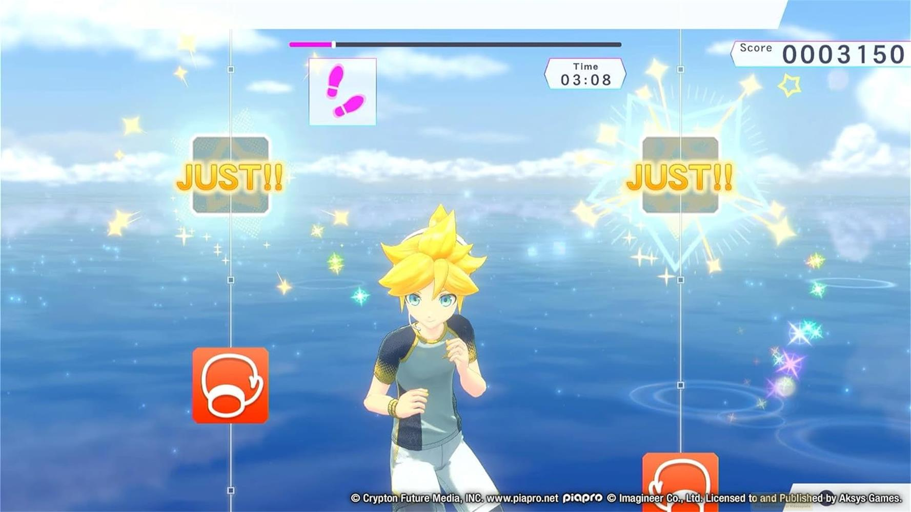 Un personaggio anime sta sull'acqua, con elementi UI di gioco come punteggio e tempo.