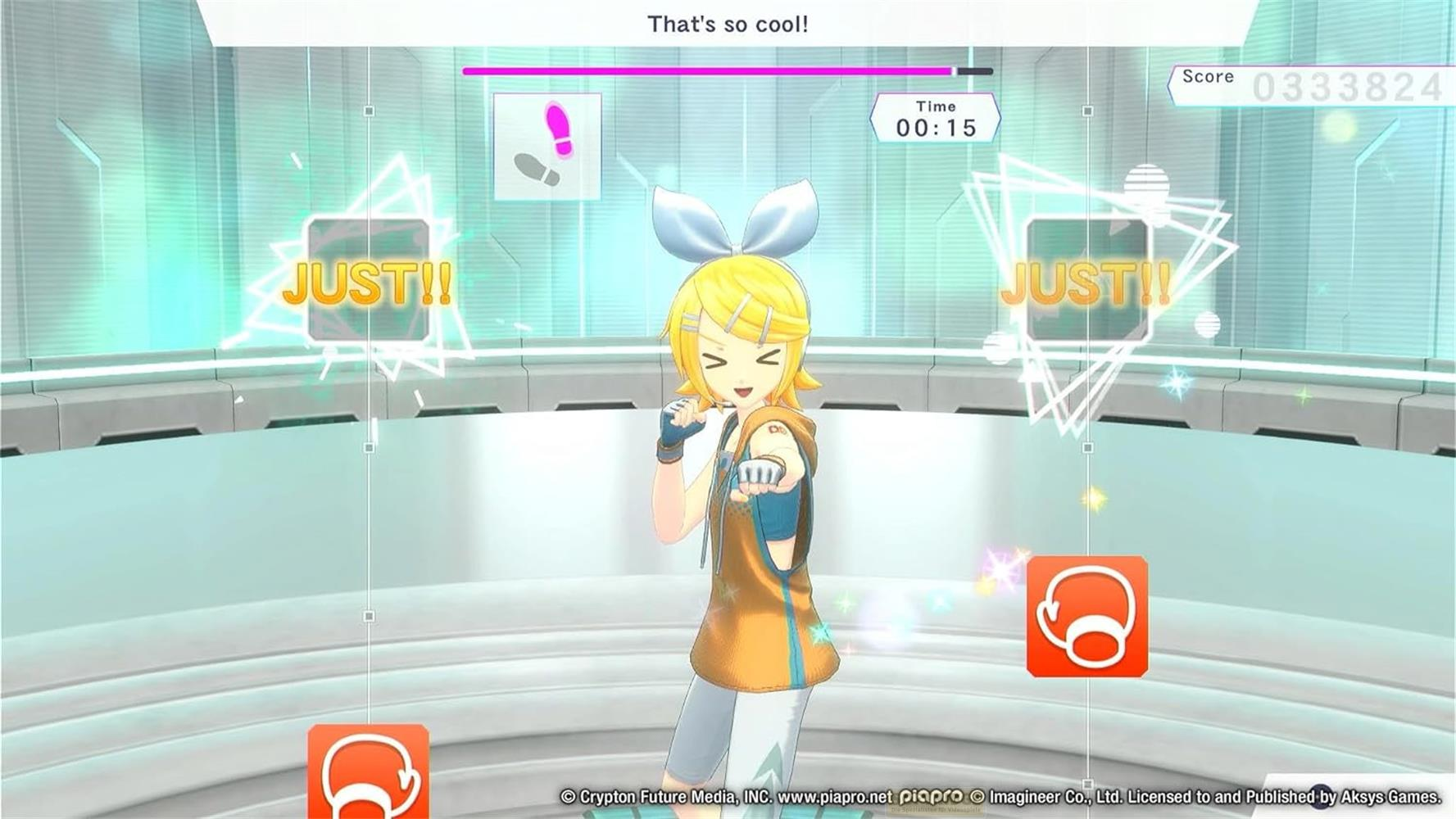 Ragazza anime con capelli gialli e fiocco balla, con sovrapposizioni "JUST!!".