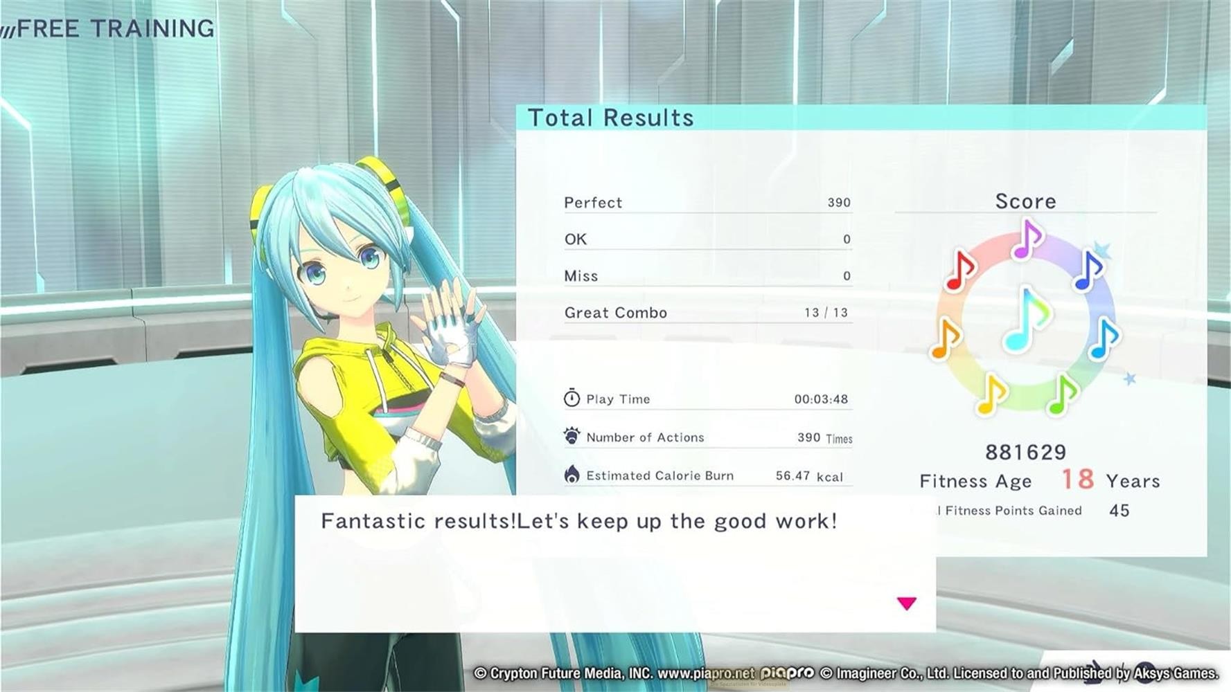 Miku mostra i risultati del gioco: 390 perfetti, 0 OK, 0 mancate, 13/13 combo ottimo.