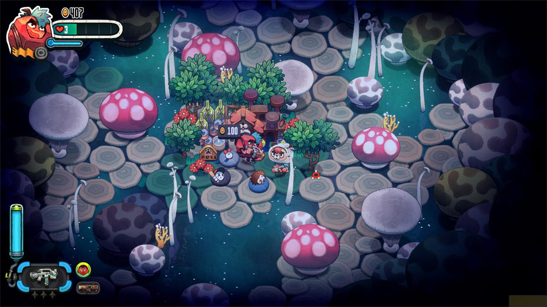 Scène de jeu avec des champignons, des arbres et des personnages. Un personnage tient une arme.