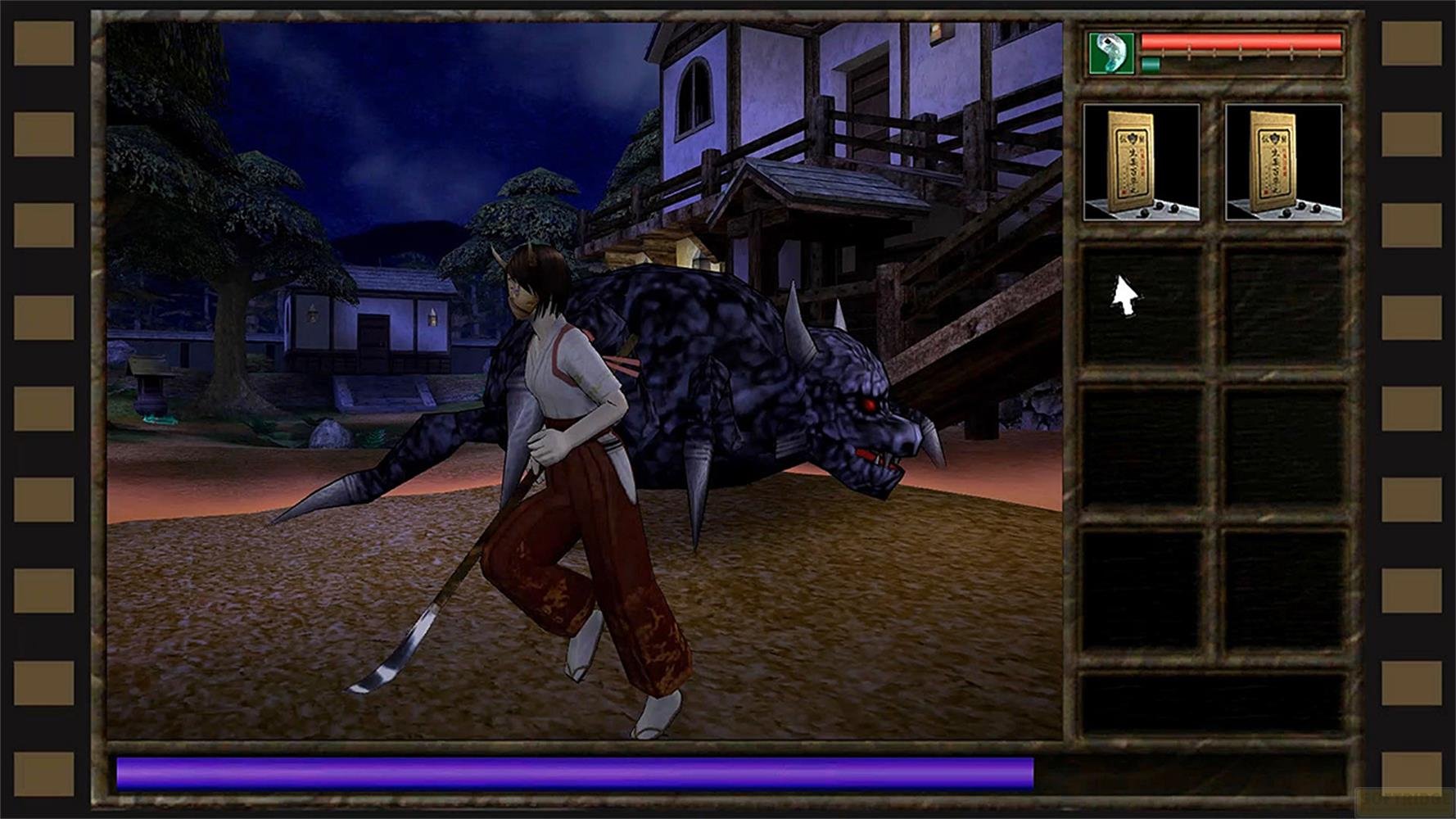 Una donna con una lancia affronta un mostro oscuro in un villaggio giapponese.