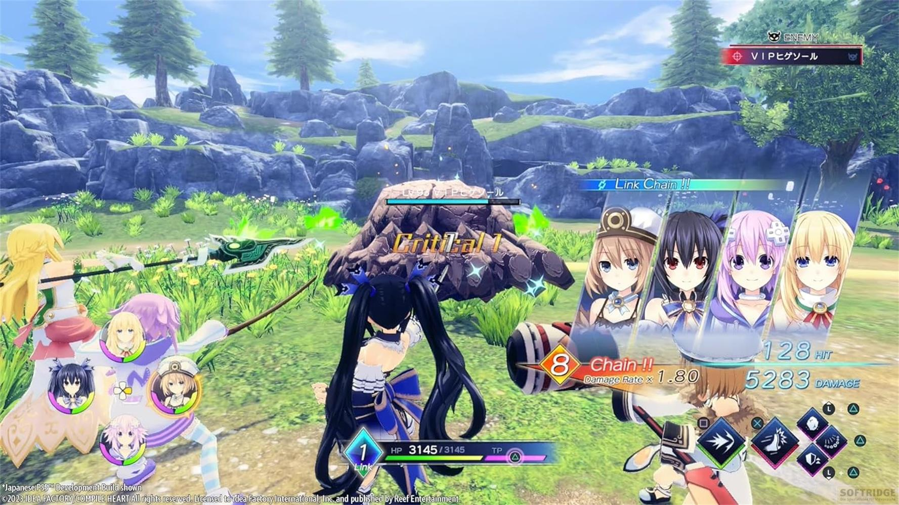 Personaggi anime combattono in un paesaggio verde con rocce.