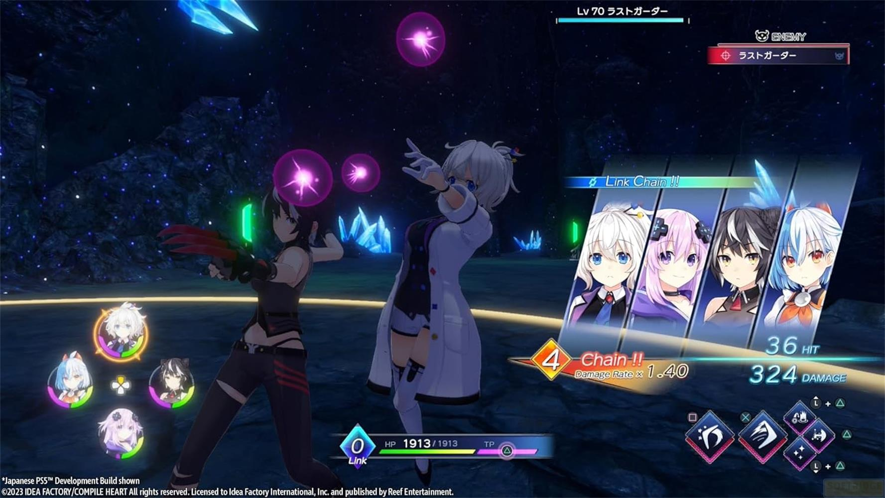 Personaggi anime combattono in un ambiente oscuro e cristallino con sfere magiche.