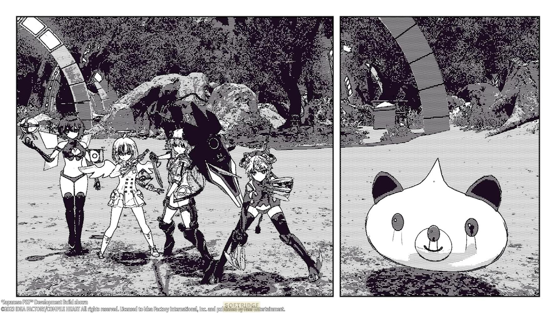 Quattro figure all'aperto, una è una grande testa di panda.