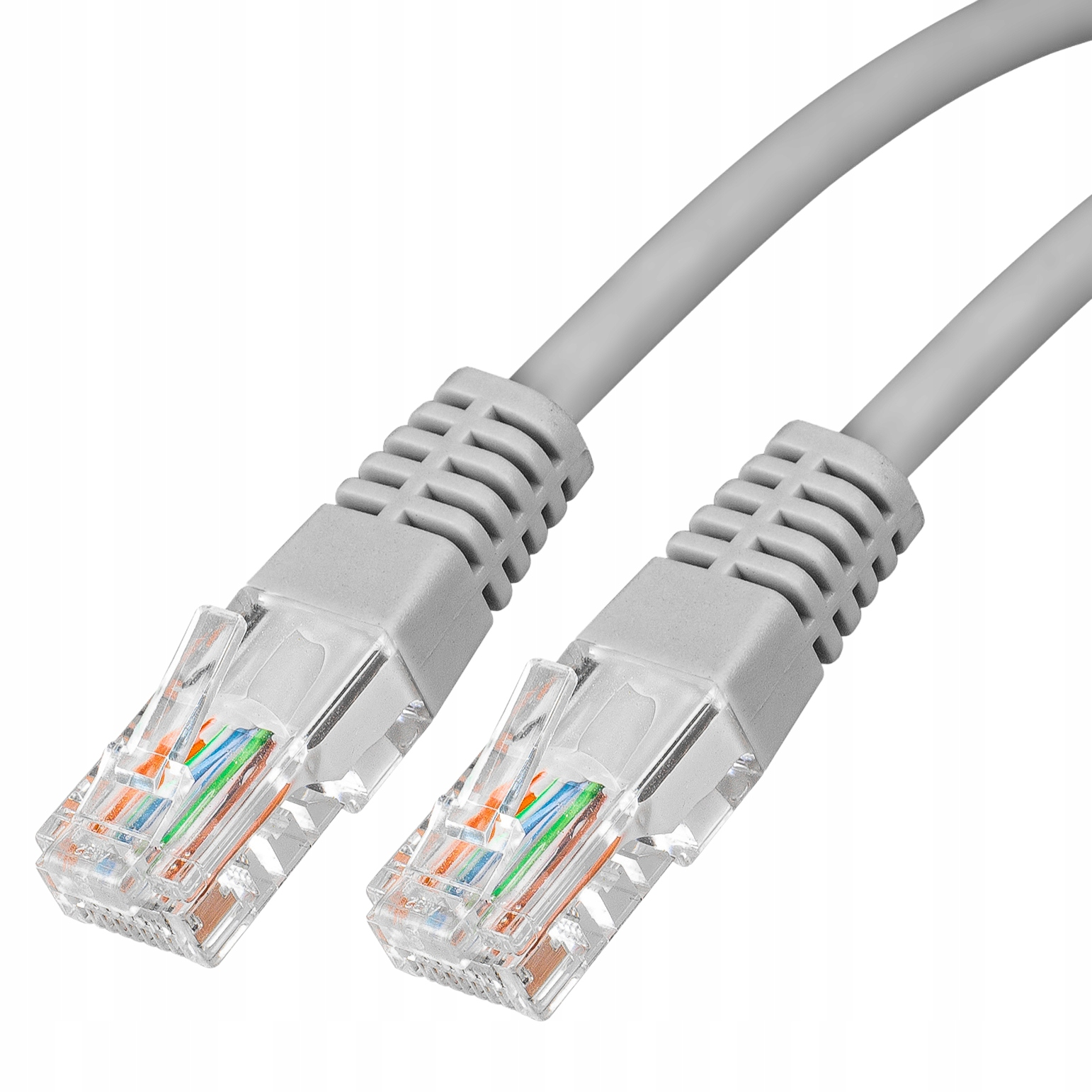 Dwa szare kable sieciowe z przezroczystymi złączami pokazującymi kolorowe przewody.