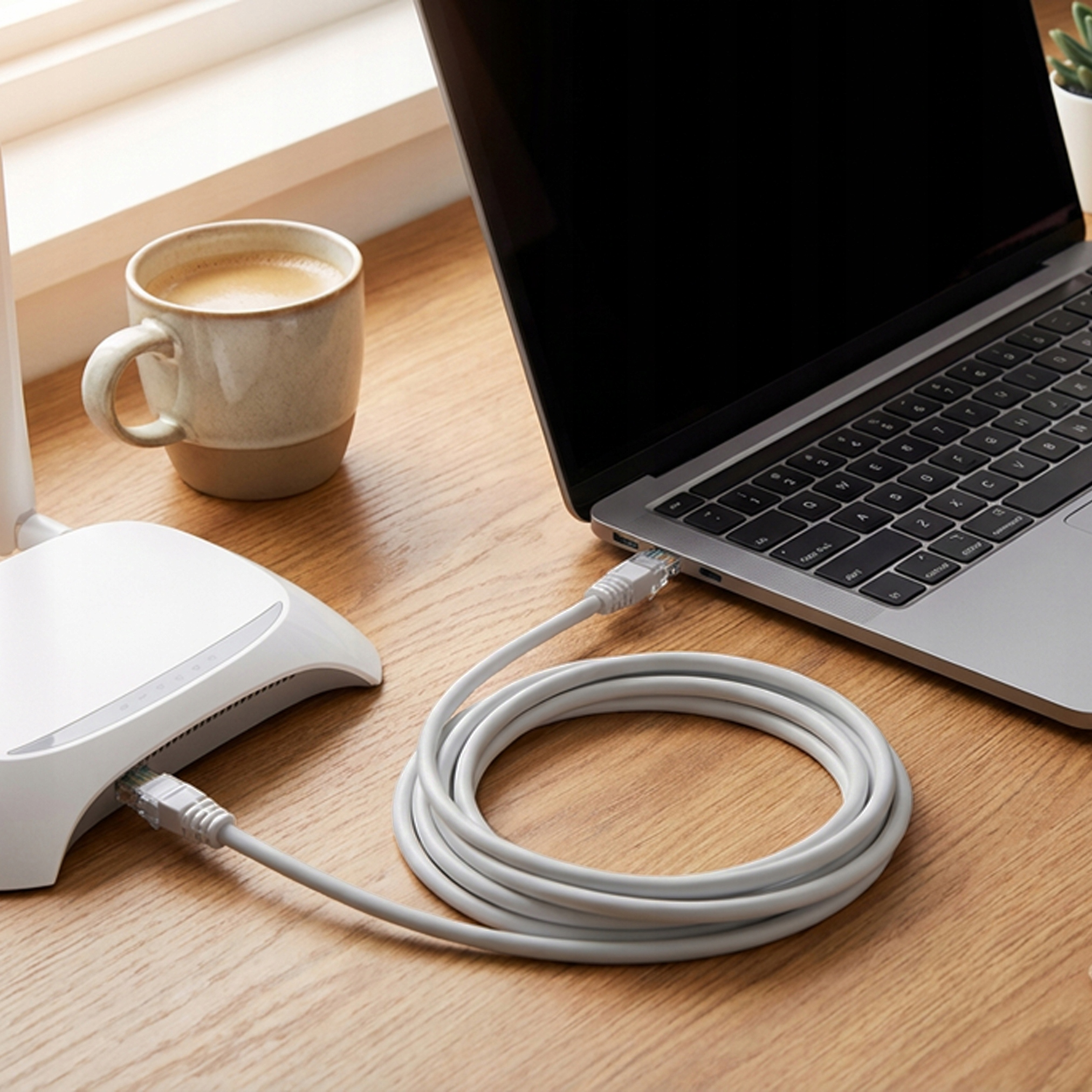 Laptop, router Wi-Fi, kubek kawy i kabel na drewnianym biurku.