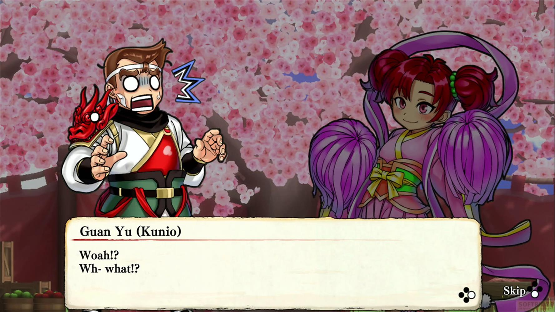 Personaggi anime davanti a fiori di ciliegio. Un uomo con elmo di drago rosso e una ragazza viola.