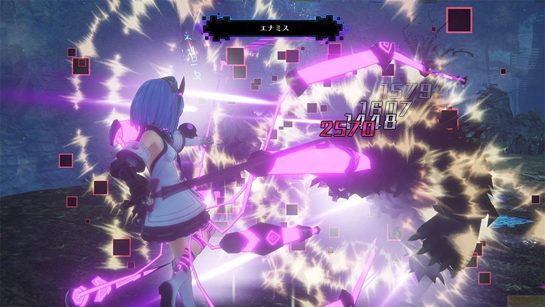 Personnage style anime combat monstre avec éclairs violets et chiffres de dégâts.