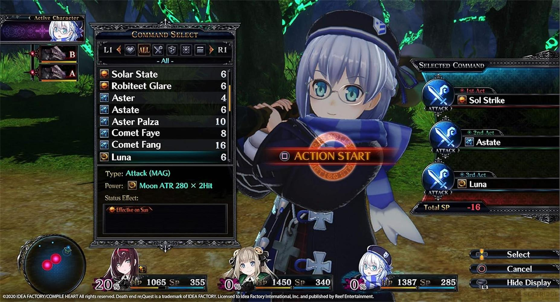 Personnage d'anime avec lunettes et chapeau sélectionne des actions dans un menu.