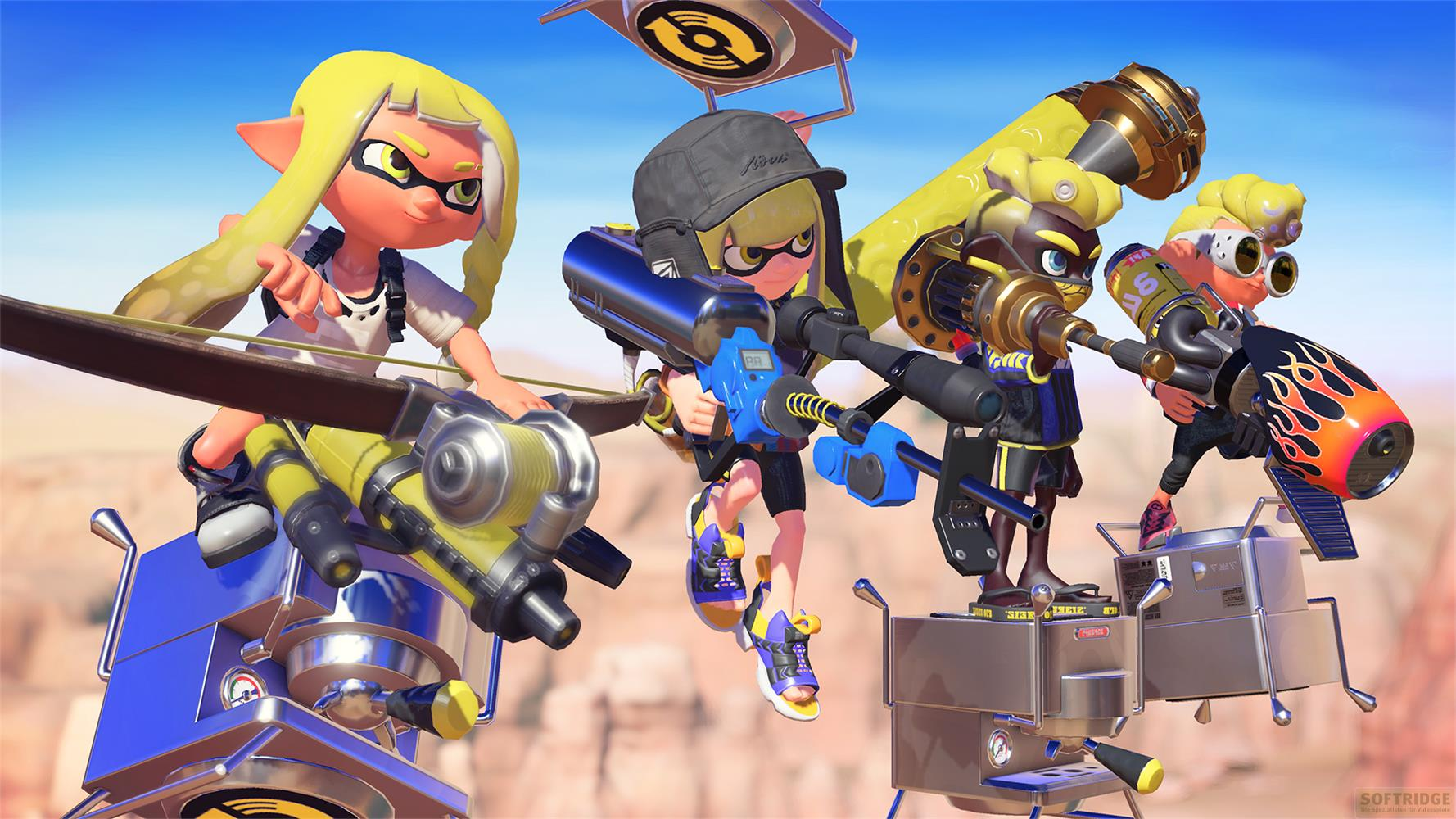 Quatre personnages avec des armes sur un terrain futuriste sous un ciel bleu.