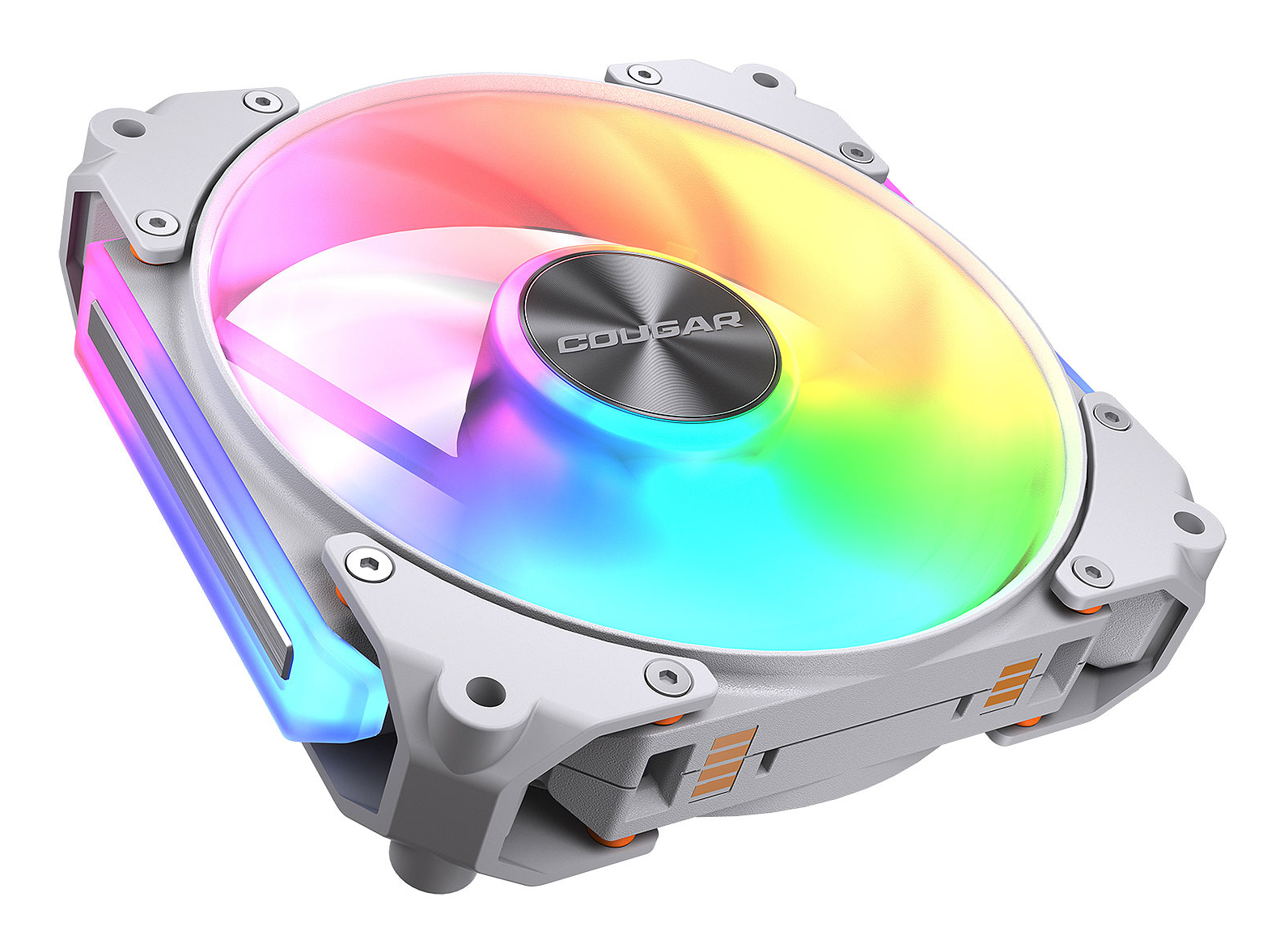 Biały wentylator komputerowy z podświetleniem RGB, świecący w tęczowych barwach.