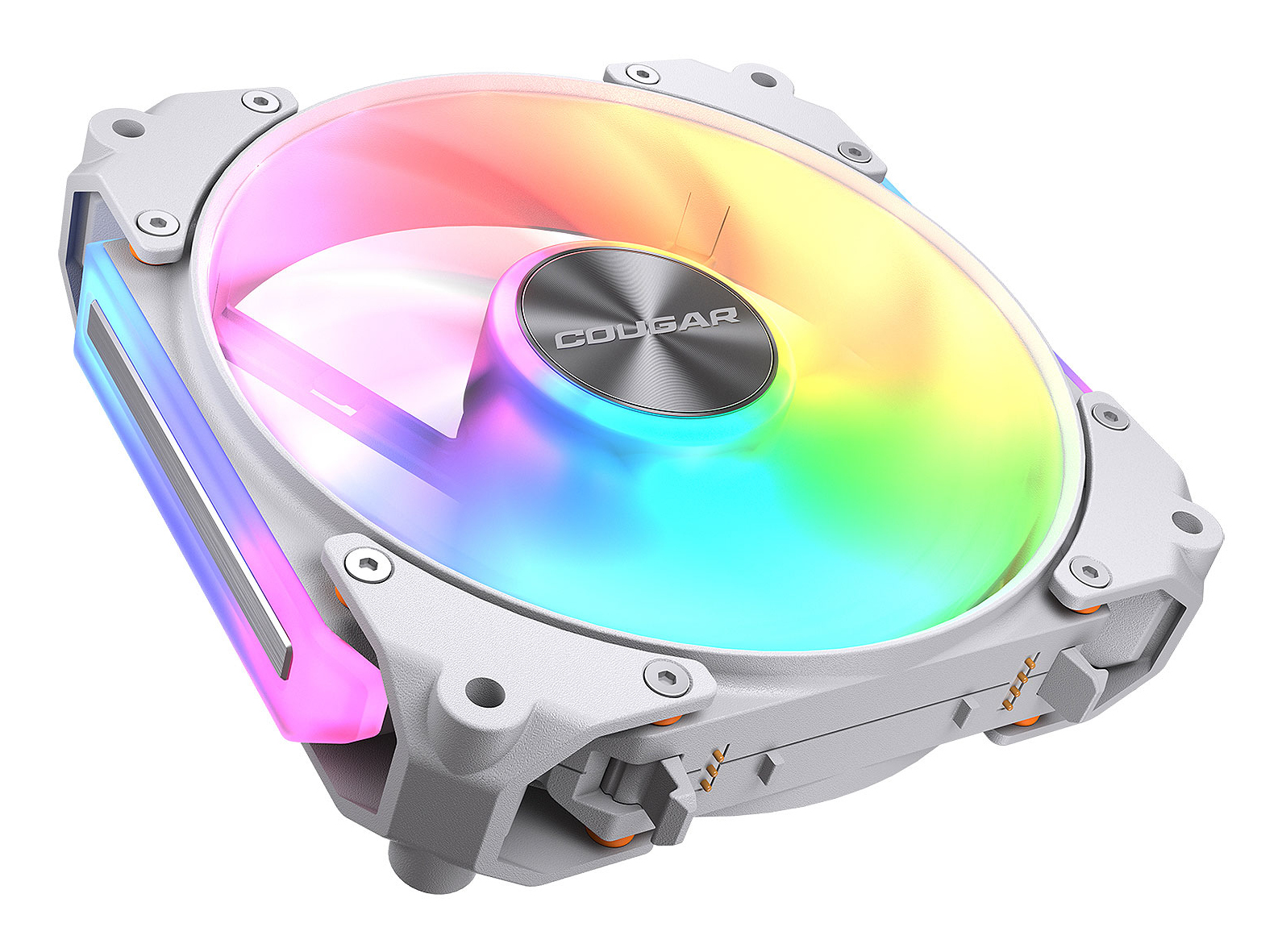 Biały wentylator PC z oświetleniem RGB, srebrne logo 'COUGAR' pośrodku.