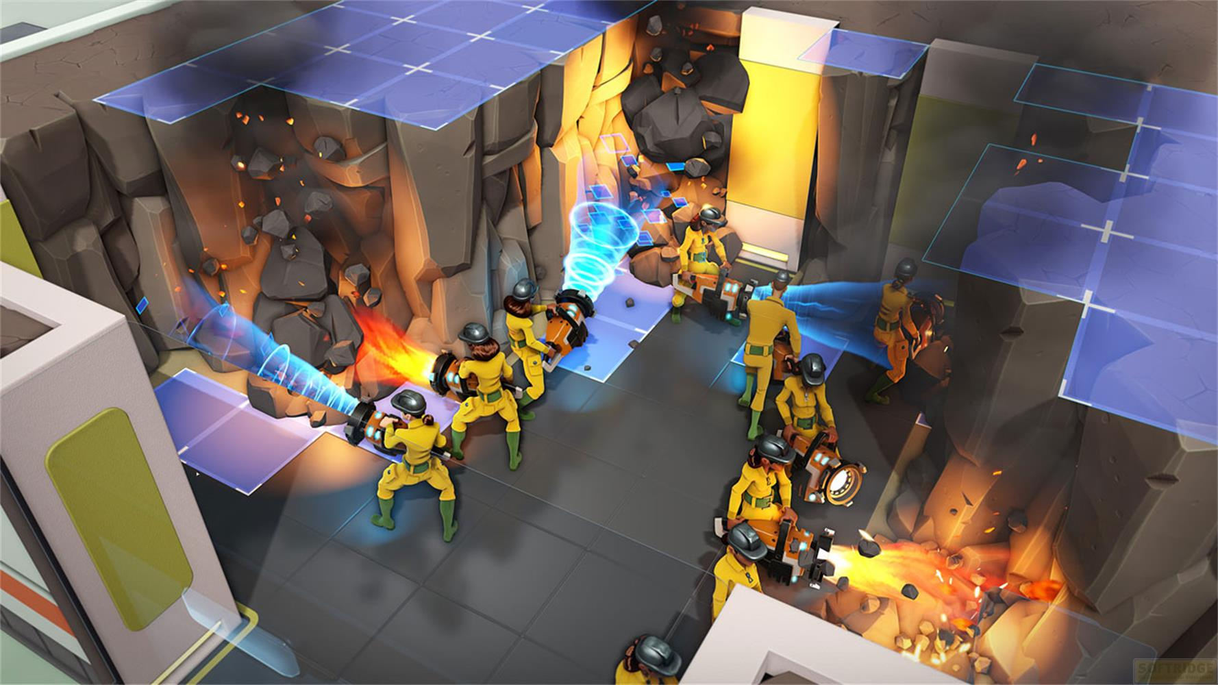 Personnages jaunes en tenues utilisent lumière bleue et rayons de feu dans une mine rocheuse.