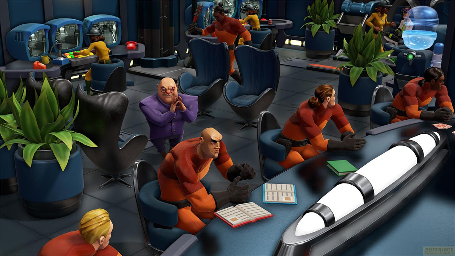 Un homme en costume violet se tient parmi des sièges, tandis que d'autres en costumes orange sont assis à une table.