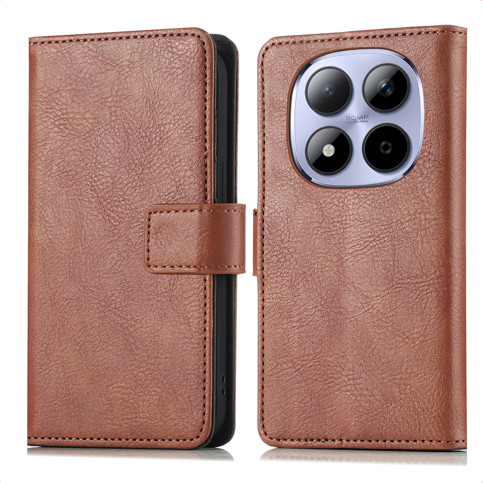 Étui de téléphone en cuir marron, ouvert, montrant l'appareil photo à triple objectif.