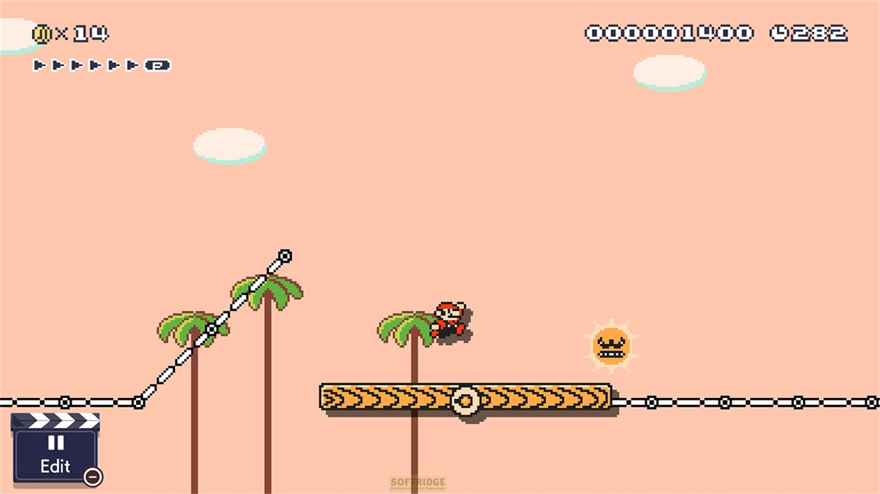 Mario-Charakter auf einer Holzplattform unter Palmen, mit Sonne und UI-Elementen.