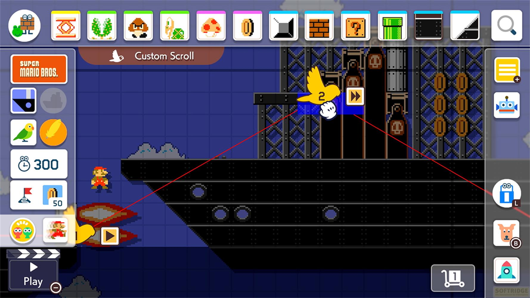 Mario im Spiel-Editor mit gelbem Vogel und Schiff.