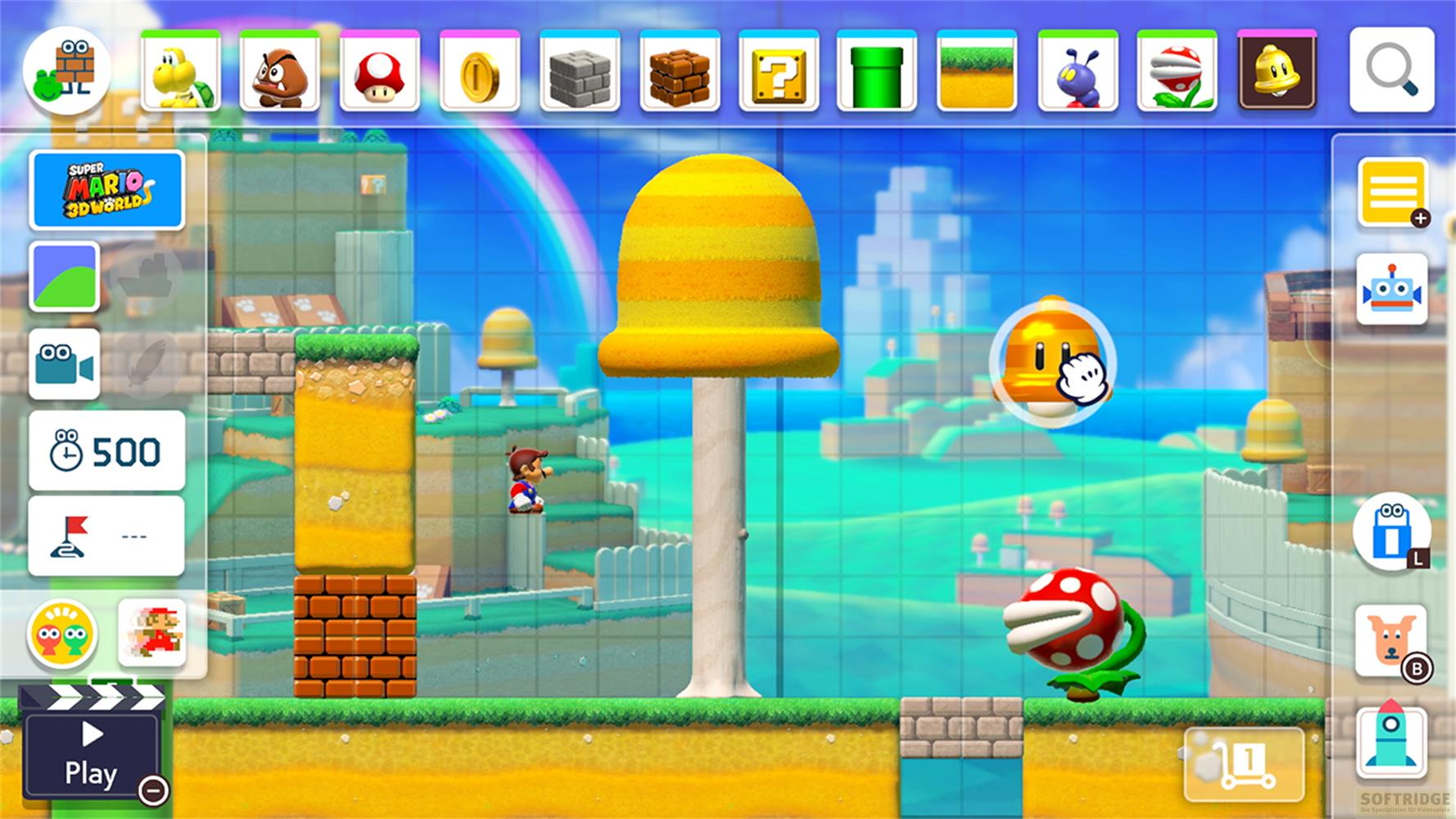 Mario erstellt ein Level in Super Mario 3D World mit einem gelben Pilz und einem Piranha-Pflanze.