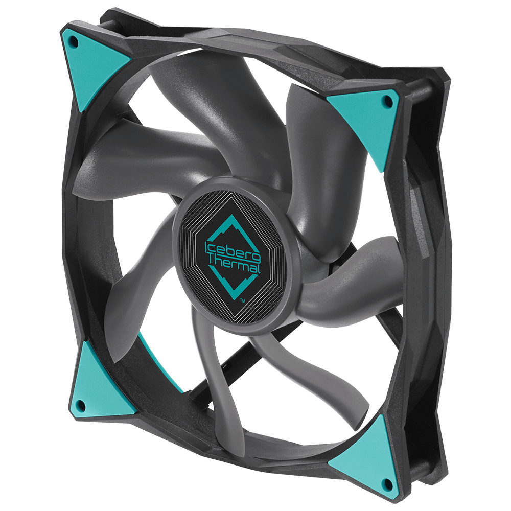 Un ventilateur d'ordinateur gris avec des accents noirs et turquoise.