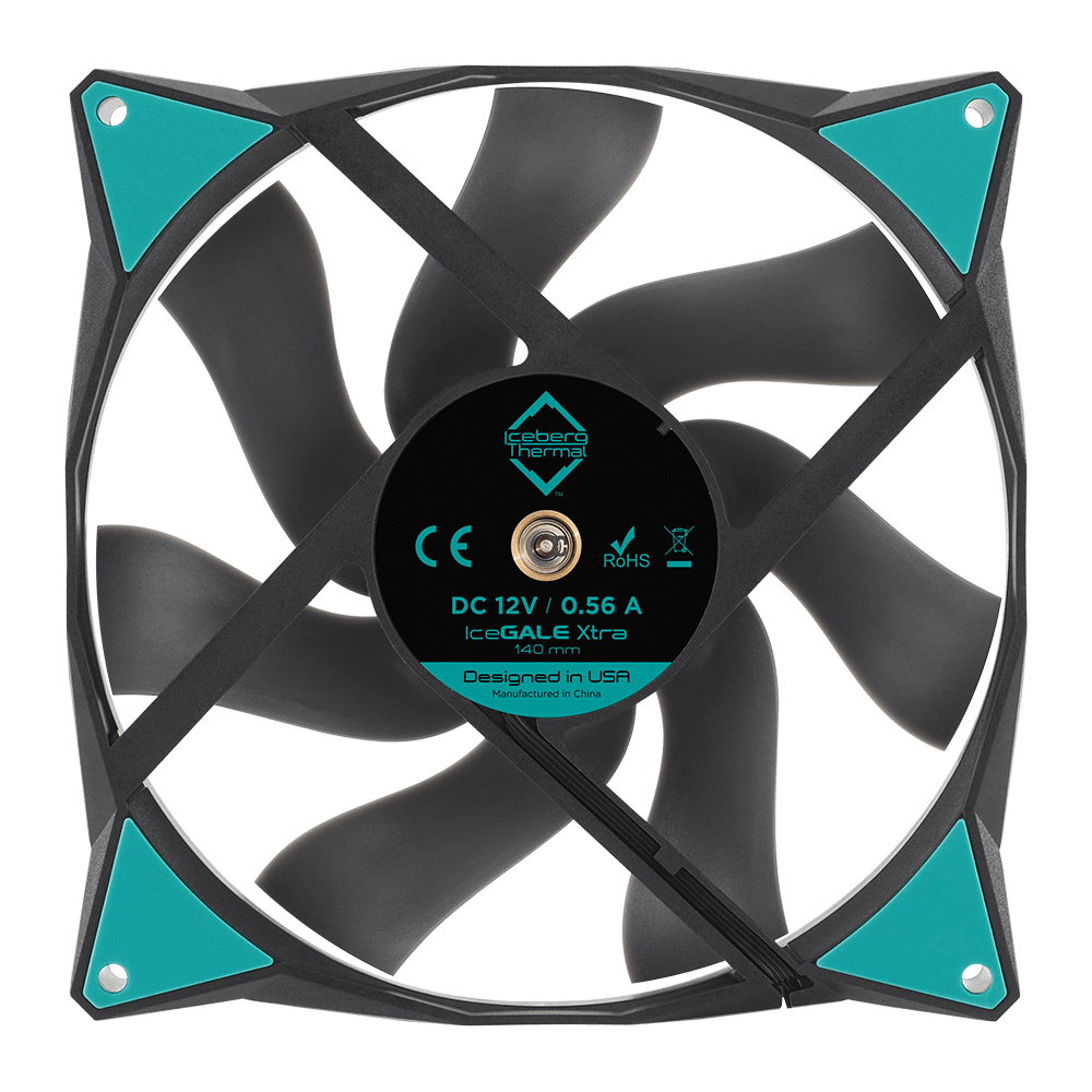 Ventilateur PC noir avec coins turquoise et rotor noir. 12V CC.