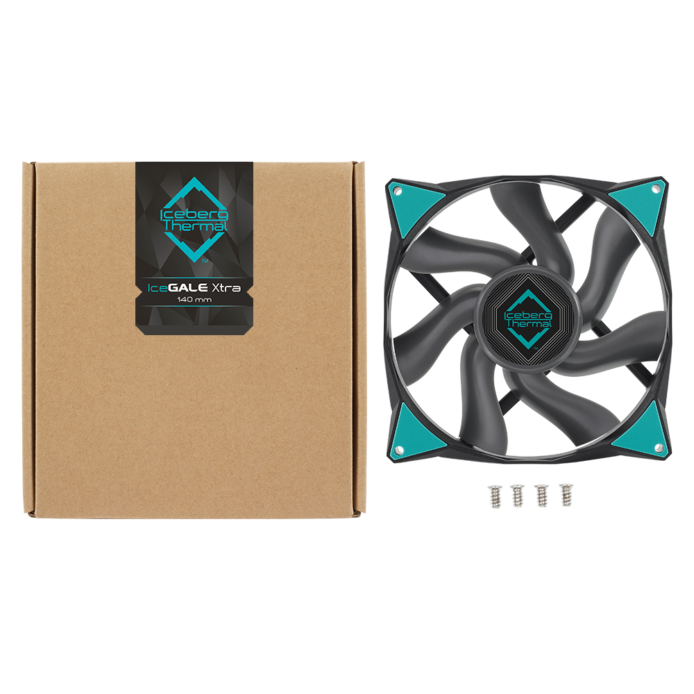 Boîte marron à côté d'un ventilateur noir aux accents turquoise et vis.