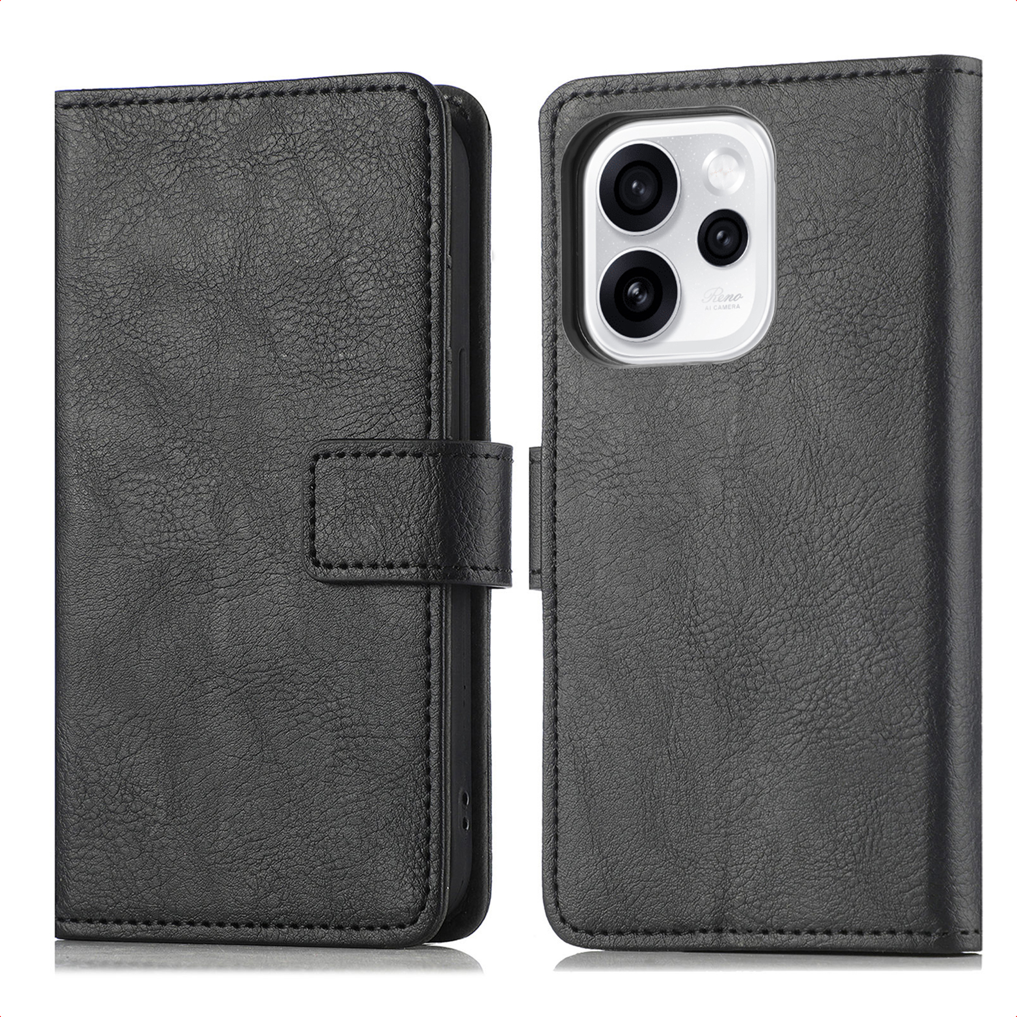 Étui de téléphone à rabat en cuir noir avec découpe caméra.