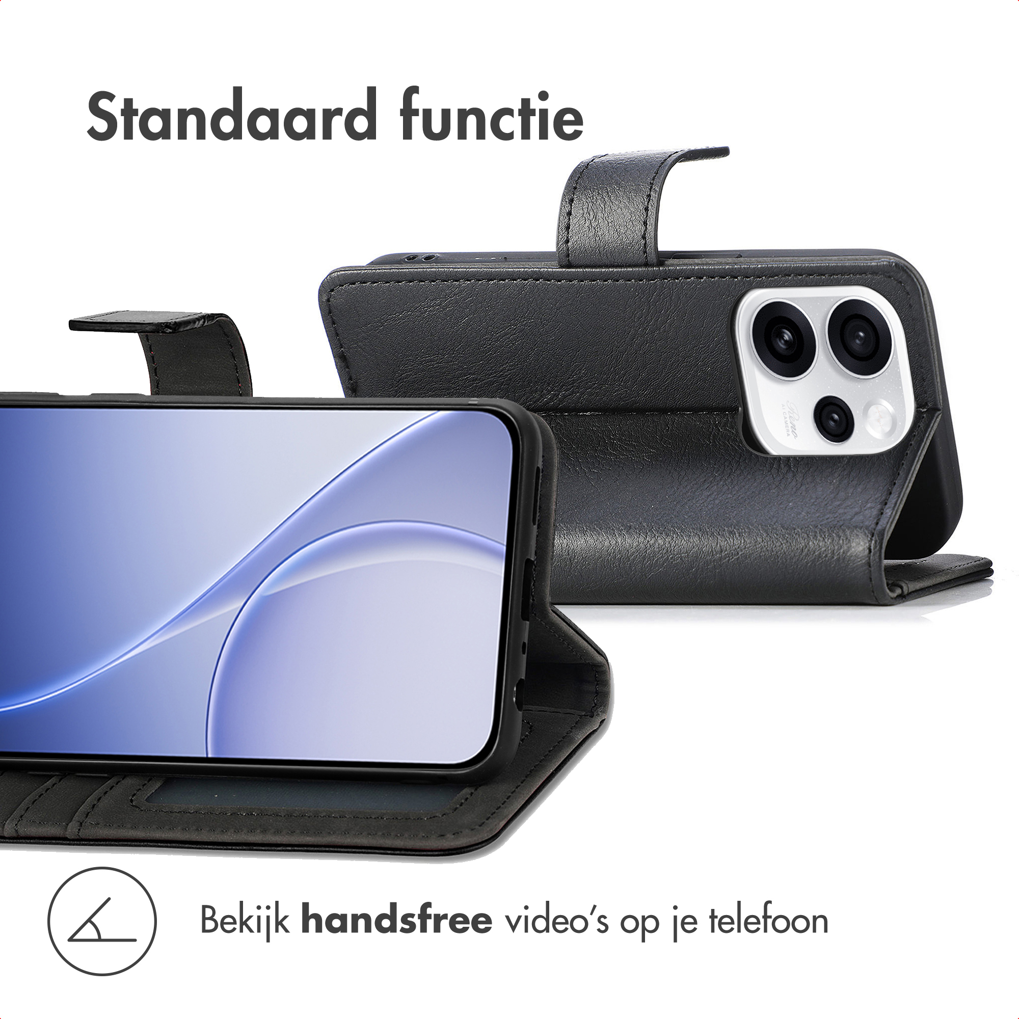 Étui de téléphone noir ouvert, montrant l'écran et le module caméra.