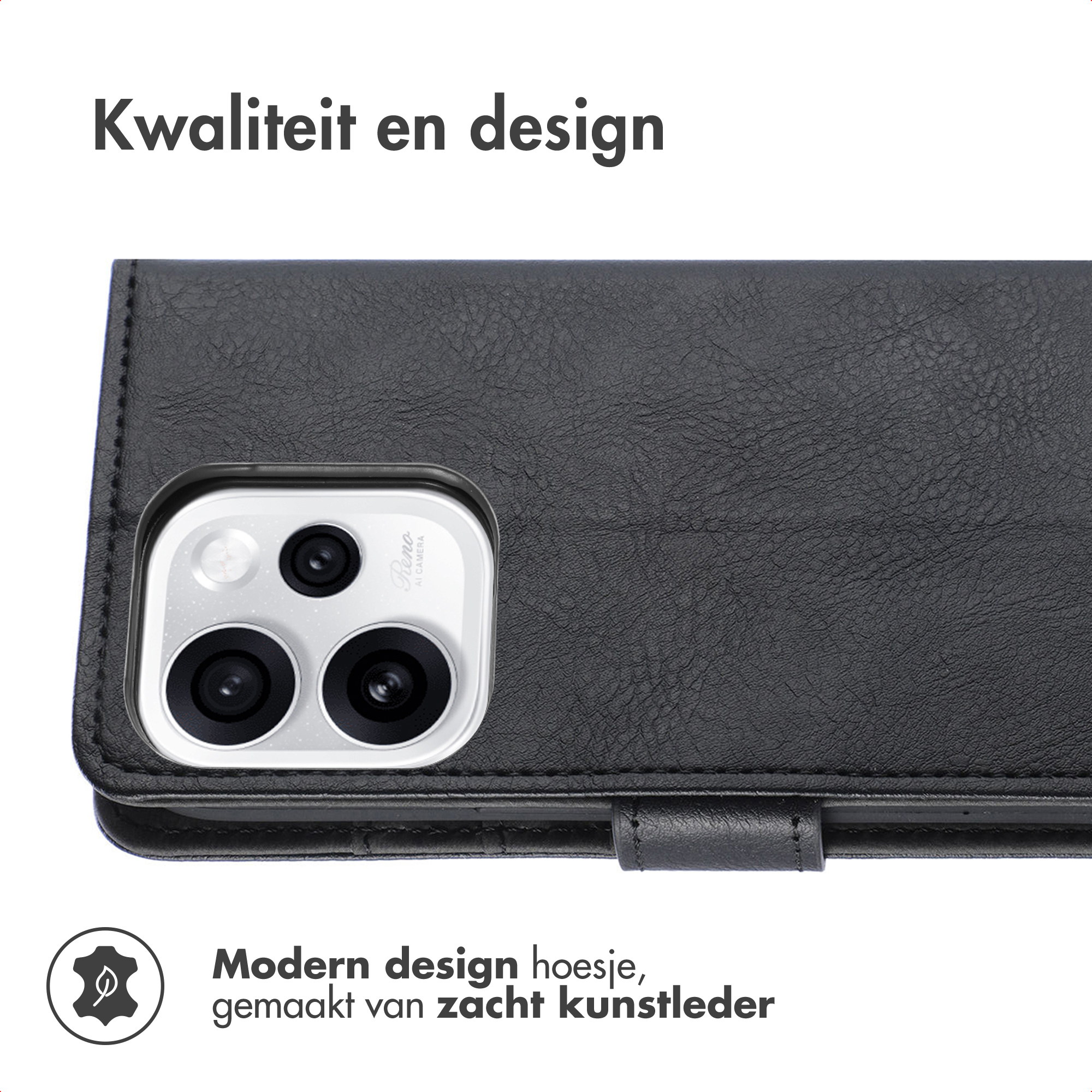 Étui de téléphone noir en similicuir avec trois caméras. Texte : Qualité et design.