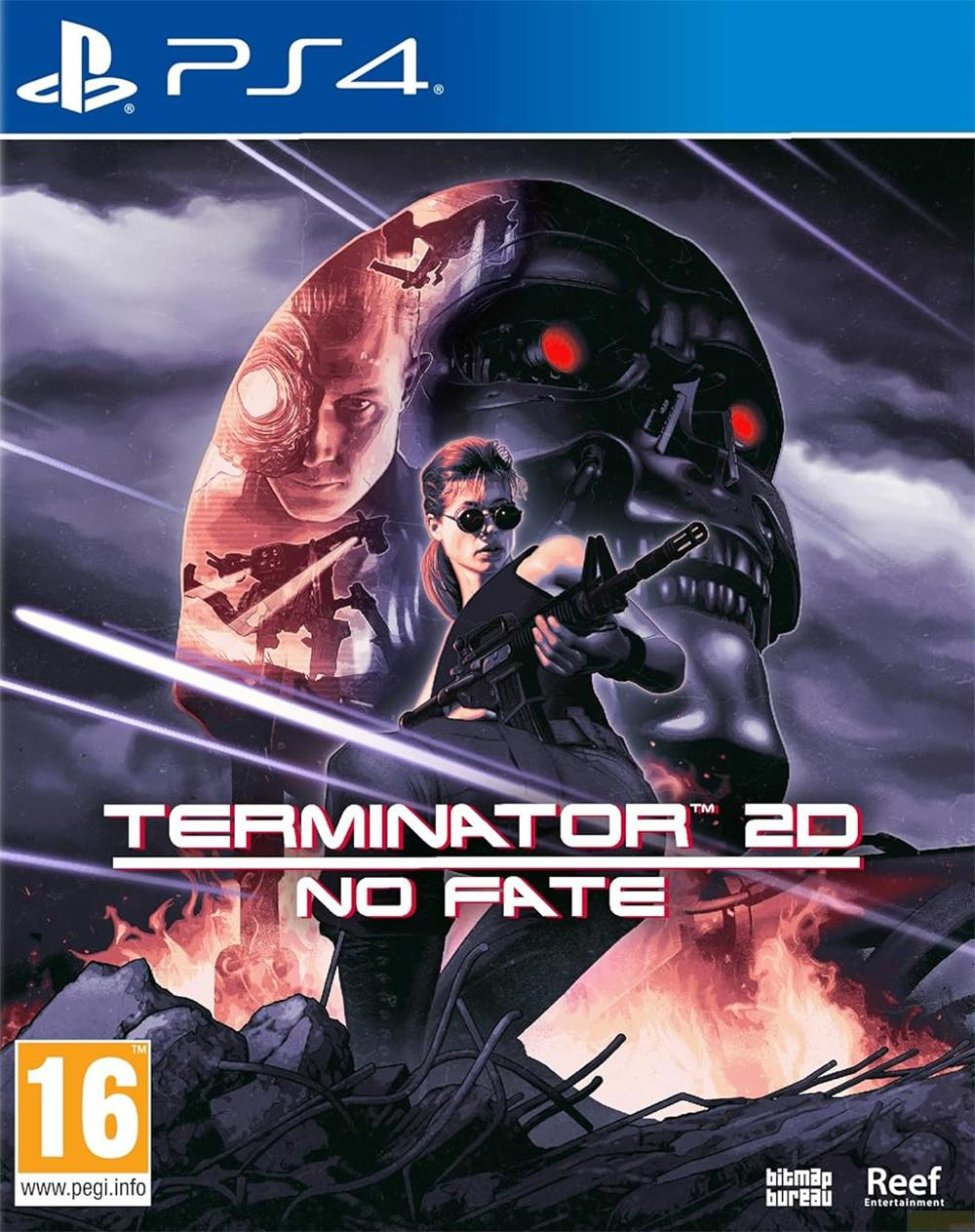 Okładka gry PS4 Terminator 2D: No Fate z kobietą i czaszką Terminatora.