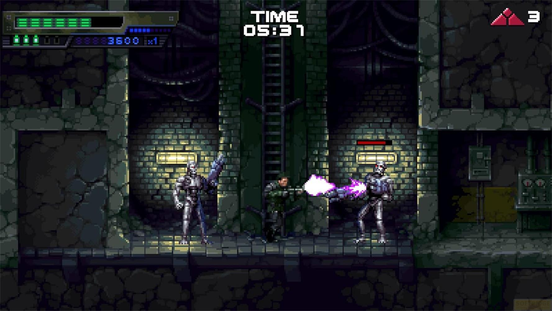 Żołnierz walczy z dwoma robotami w ciemnej alei z drabiną.