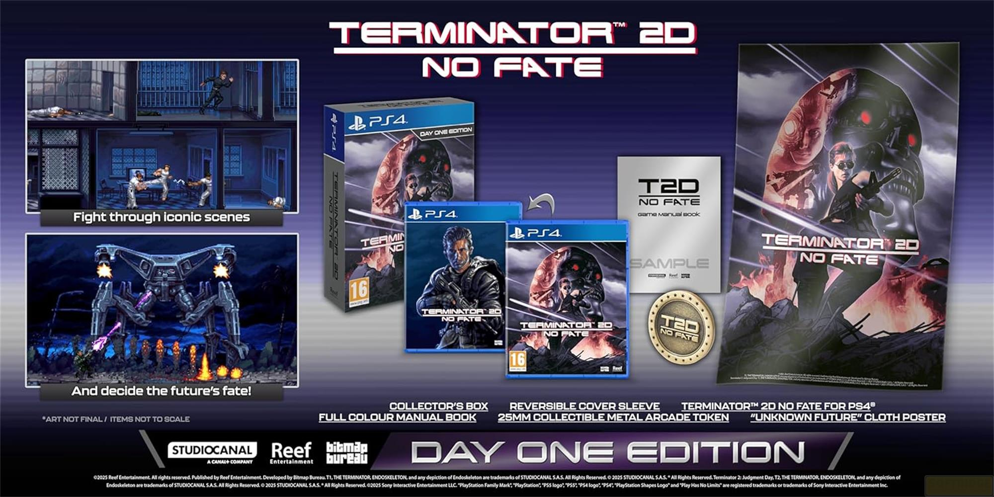 Terminator 2D No Fate PS4 Day One Edition z grą, książką, tokenem i plakatem.