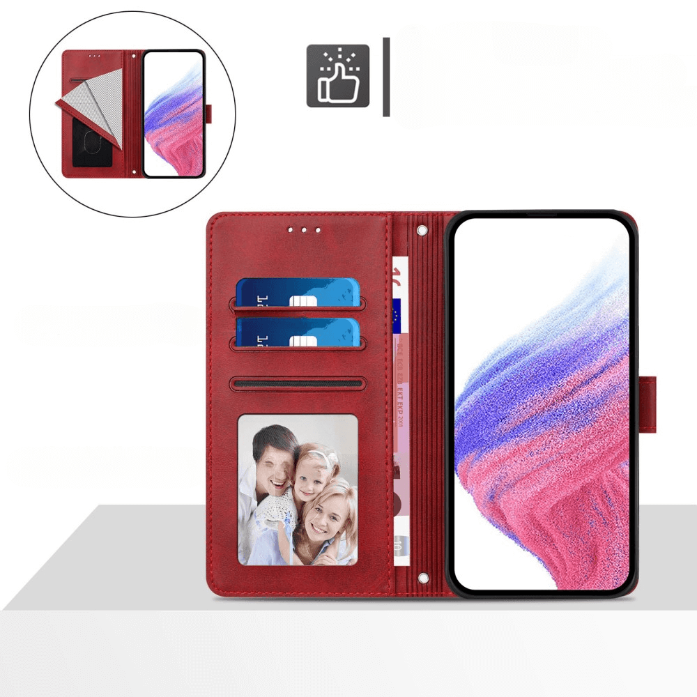 Custodia rossa per telefono con slot per carte, porta foto e telefono.