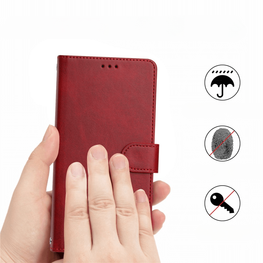 Custodia rossa per telefono tenuta in mano con icone acqua, impronta digitale, chiave.